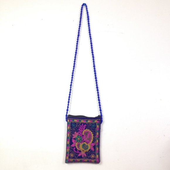 Purple Embroidered Ball String Boho Cross Body Bag - Picture 1 of 7
